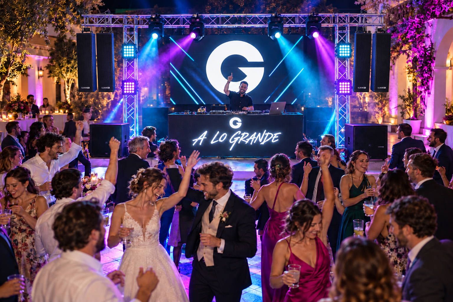Recreación de una fiesta con escenario GEM, pantalla con la G, sonido e iluminación